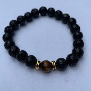 Black Lava Stone Bracelet w Brown marble bead